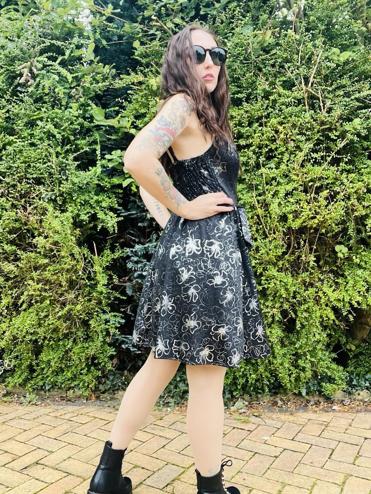 Vintage 1980s Part Dress By C&A Black With Retro Silver Floral Pattern Size 10