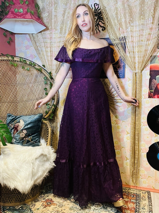 Vintage 1970s Maxi Dress by C&A Bardot Lace Layered Frilly Fairycore Purple 8