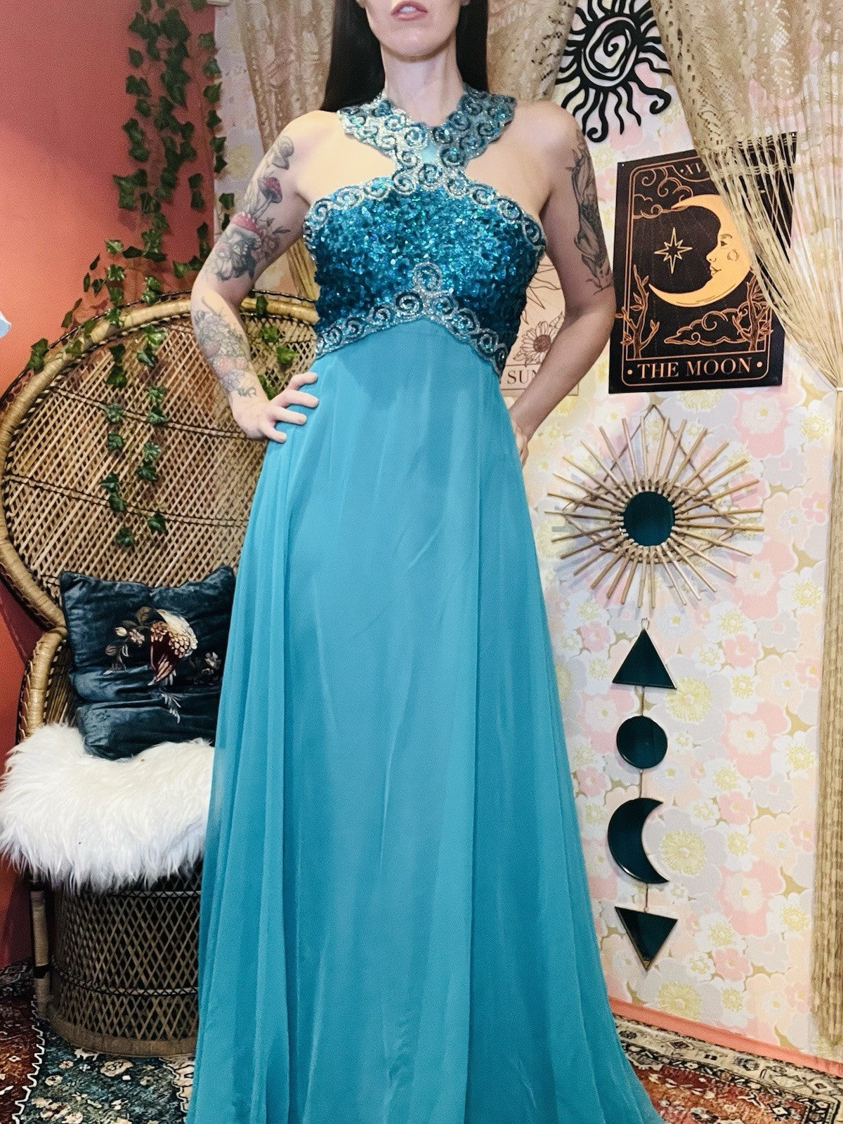 Vintage 70s 80s Dress Size 8 Teal Blue Designer Mike Benet Sequin Ball Gown