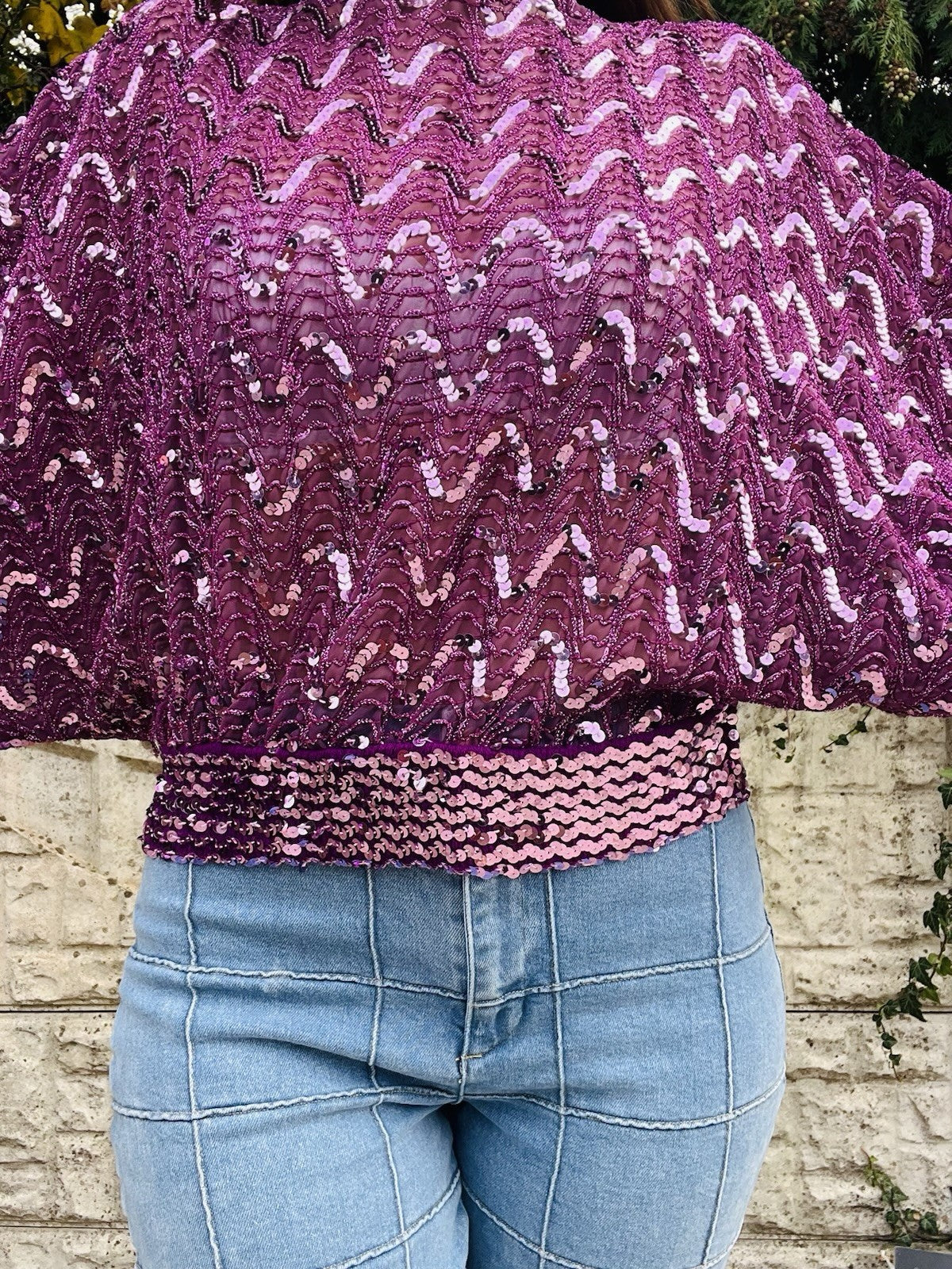 Vintage 1980s Sequin Top Pink Size 14-16 Retro Batwing Sleeve Party Wear