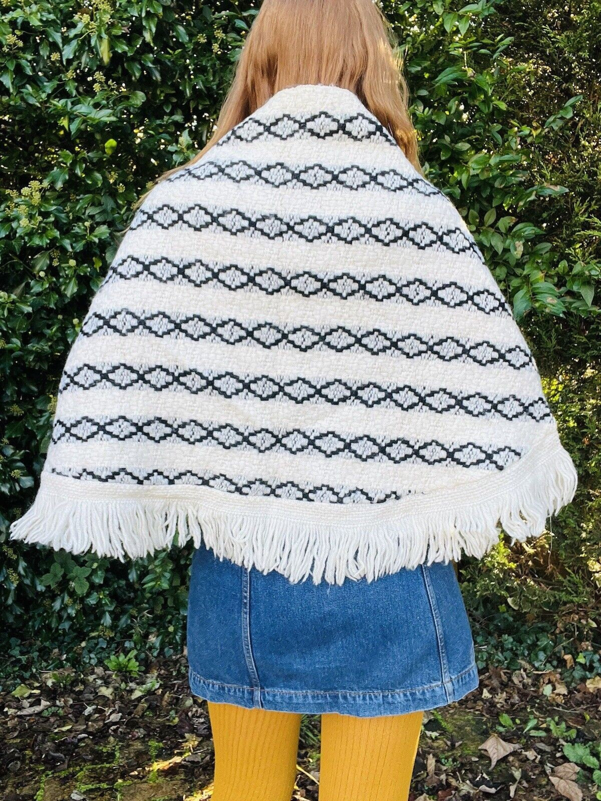 Vintage Knit Crochet Shawl Hippie Boho Triangle Wrap Cape Cottage Whimsy Scarf