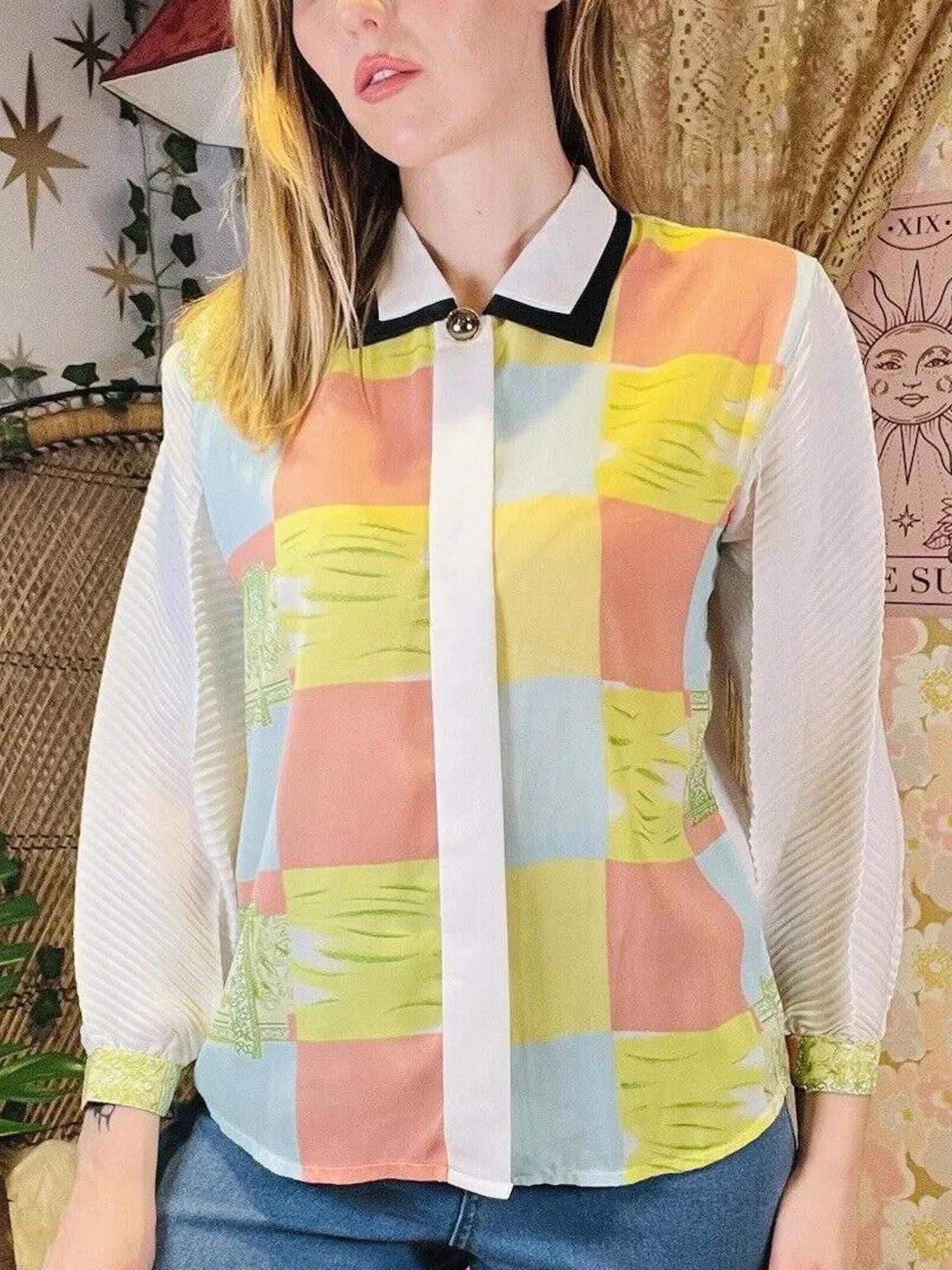 Vintage 1980s Abstract Shirt With Double Collar And Bold Block Print Size 14