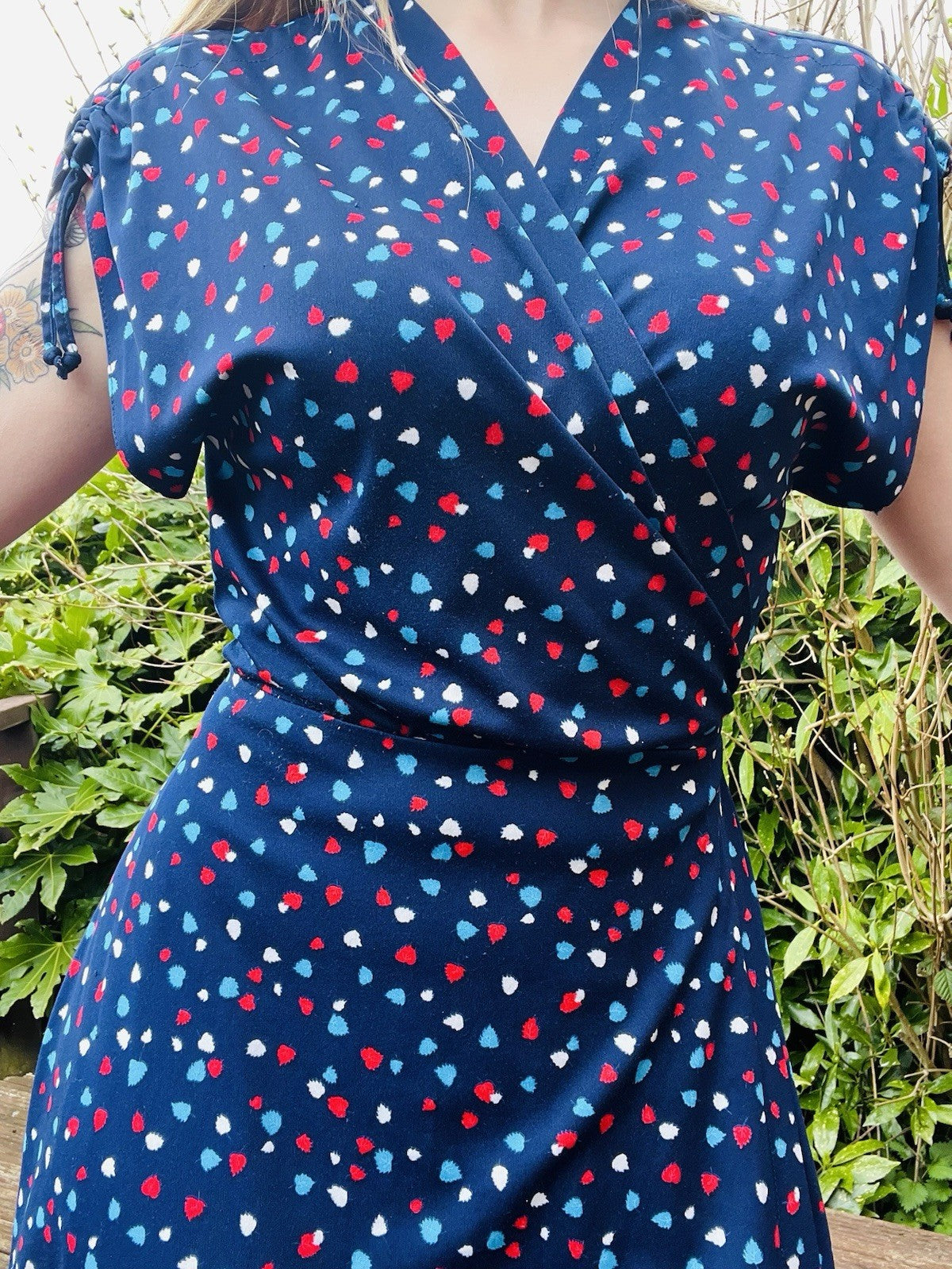 Vintage 1980s Wrap Dress Summer Polkadot Midi Dress With Short Sleeves 12-14