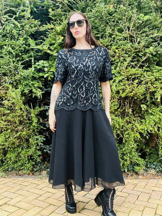 Vintage 1980s Embellished Dress, Beaded Sequin Scallop Bustier, Floaty Skirt 18