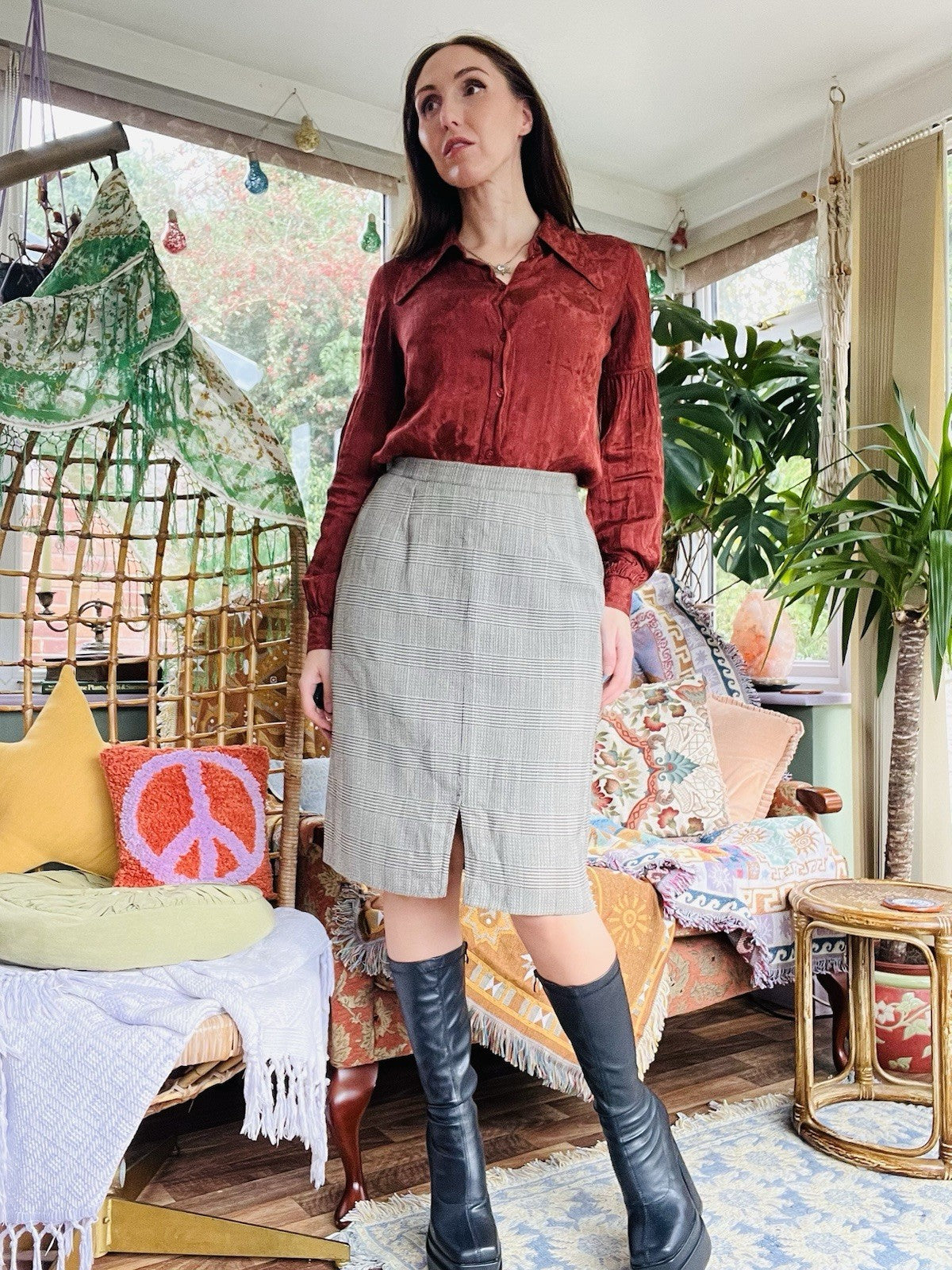 Vintage 1980s Office Skirt, High Waist Midi Length Retro Work Wear Size 12 Wool