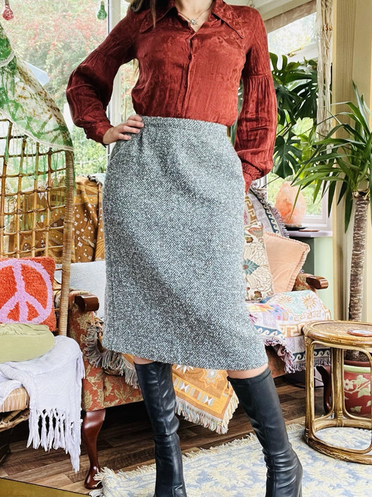 Vintage 1980s Preppy Skirt, High Waist Midi Length Office Work Skirt Size 16
