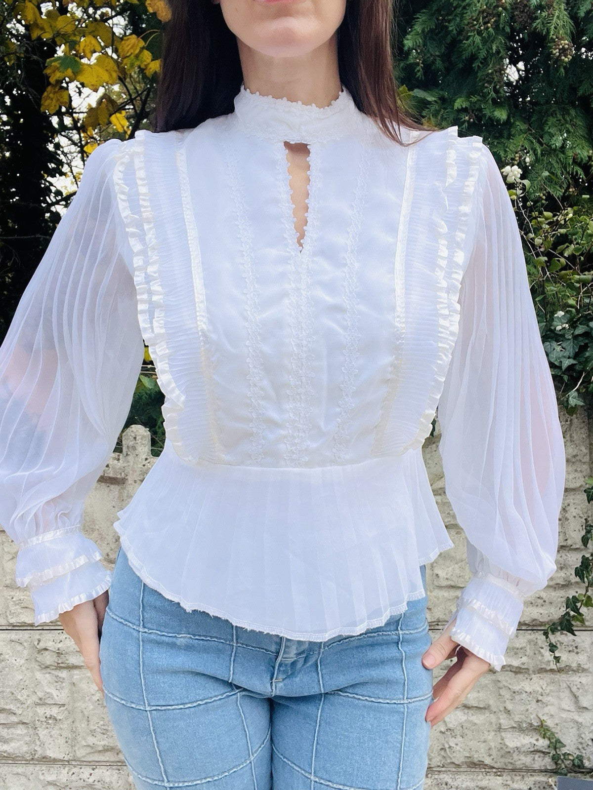 Vintage 1970s Frilly Blouse Size 12 White Balloon Sleeve High Neck Peplum Top