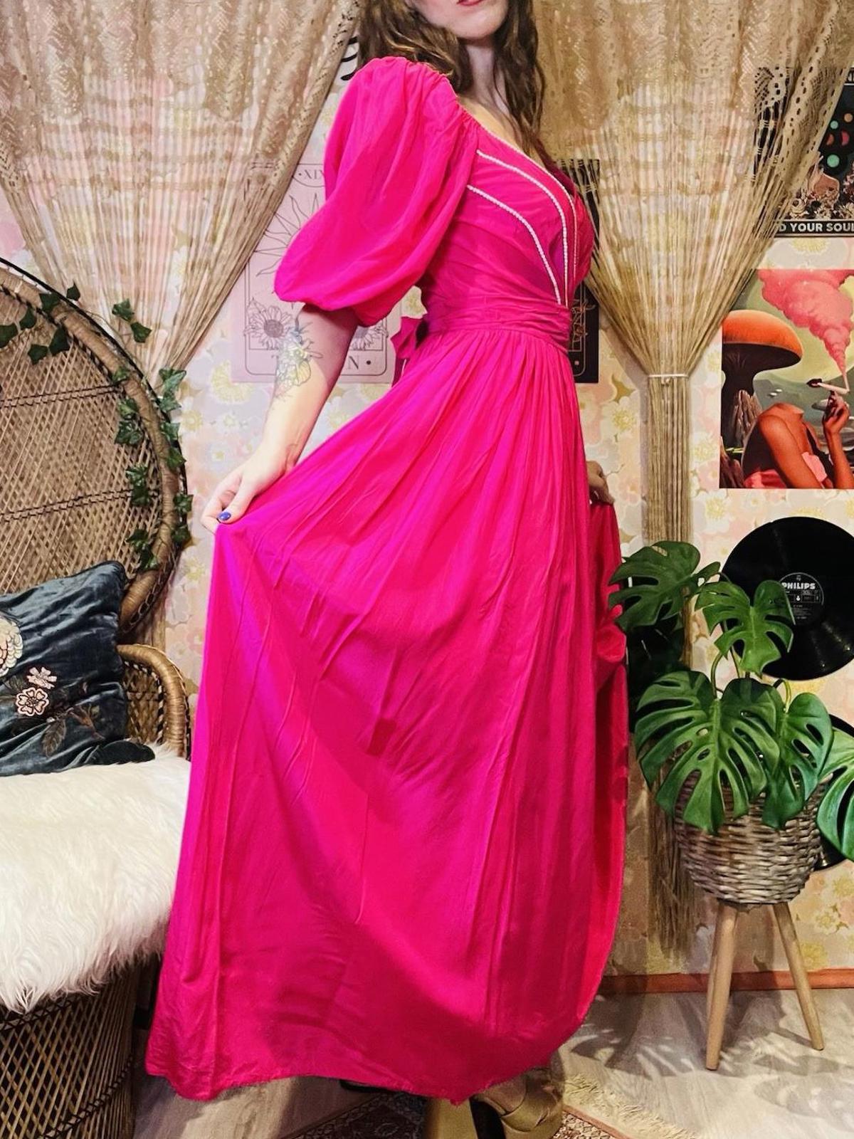 Vintage 1980s Puff Sleeve Dress And Tie Waist Hot Pink Cocktail Gown Size 8