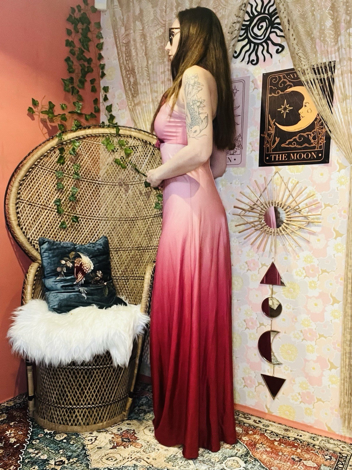 Vintage 70s Cocktail Dress Size 8 Retro Frilly Slinky Evening Gown Ombre Pink