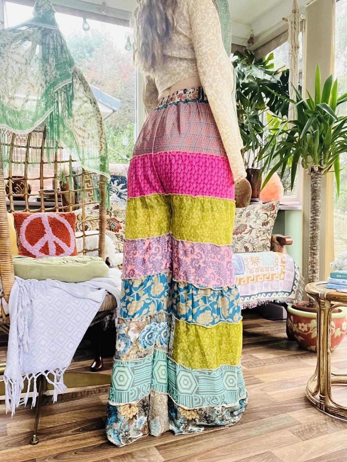 Wide Leg Trousers Vintage Patchwork Layered Sari Silk Hippie Boho Gypsy Pants M