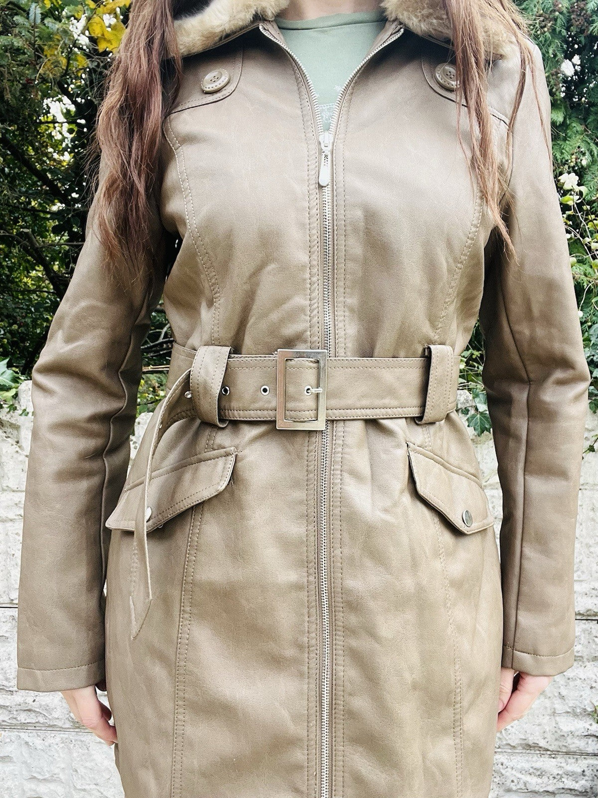 Faux Leather Winter Coat Size 10 Tan, With Fur Trim Collar And Belt, Warm Jacket