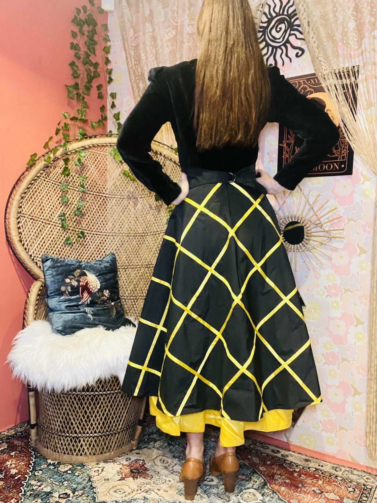 Vintage 80s Cocktail Dress Size 8 Black Velvet Bodice And Yellow Puffy Skirt