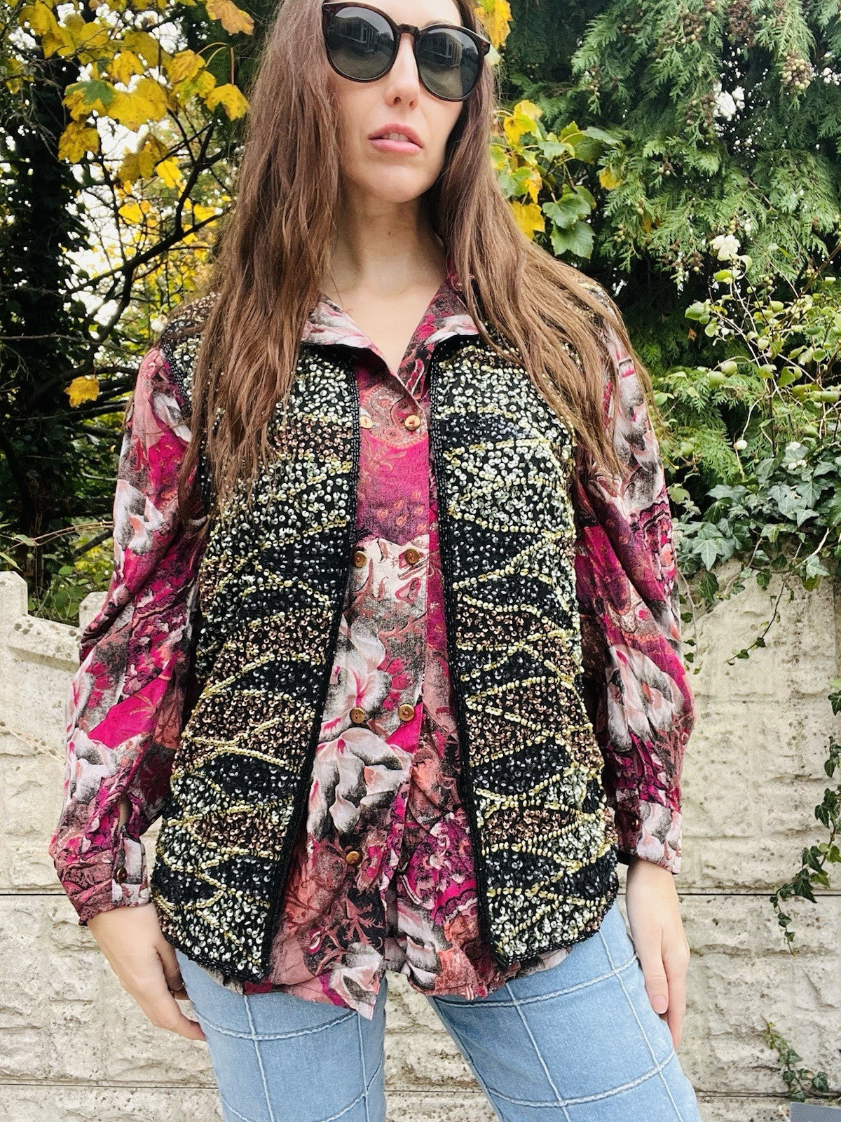 Vintage 80s Sequin Waistcoat Black Gold Size 10 100% Silk 1980s Sparkly Top