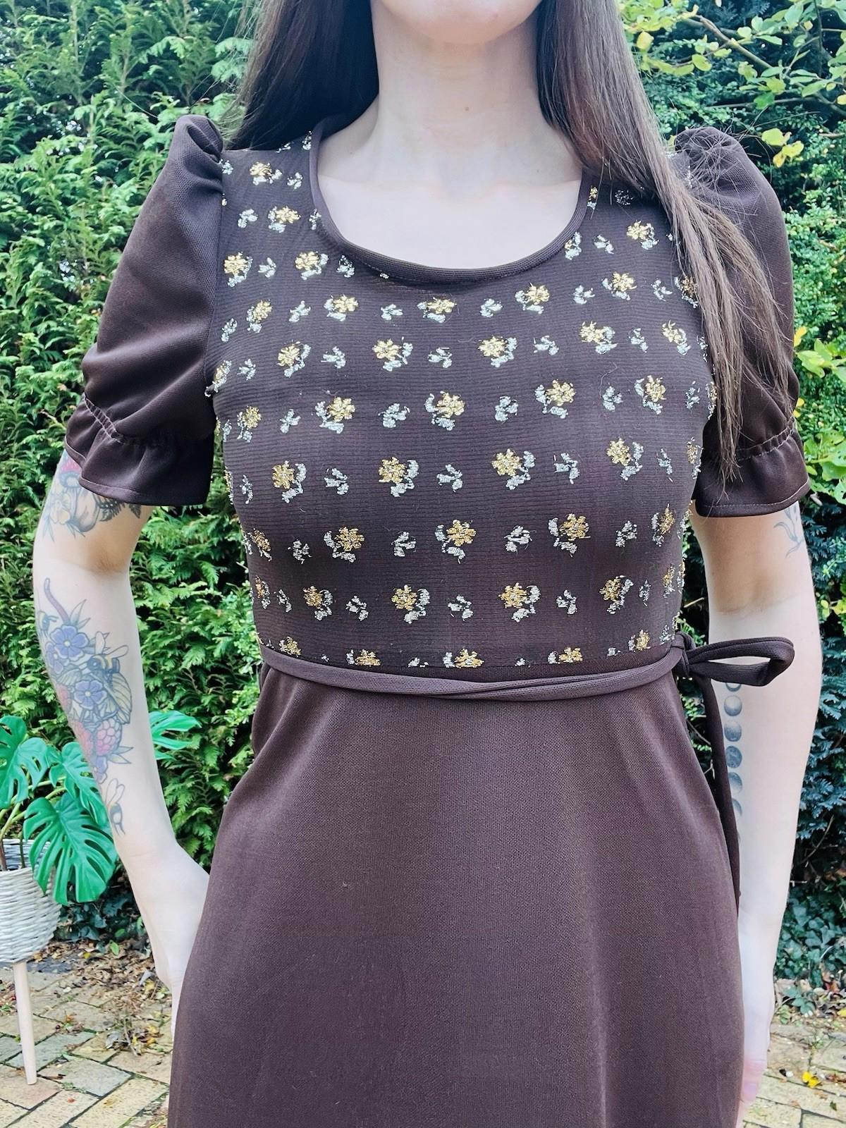Vintage 1960s Maxi Dress Size 10 Brown With Tie Waist And Retro Gold Detail