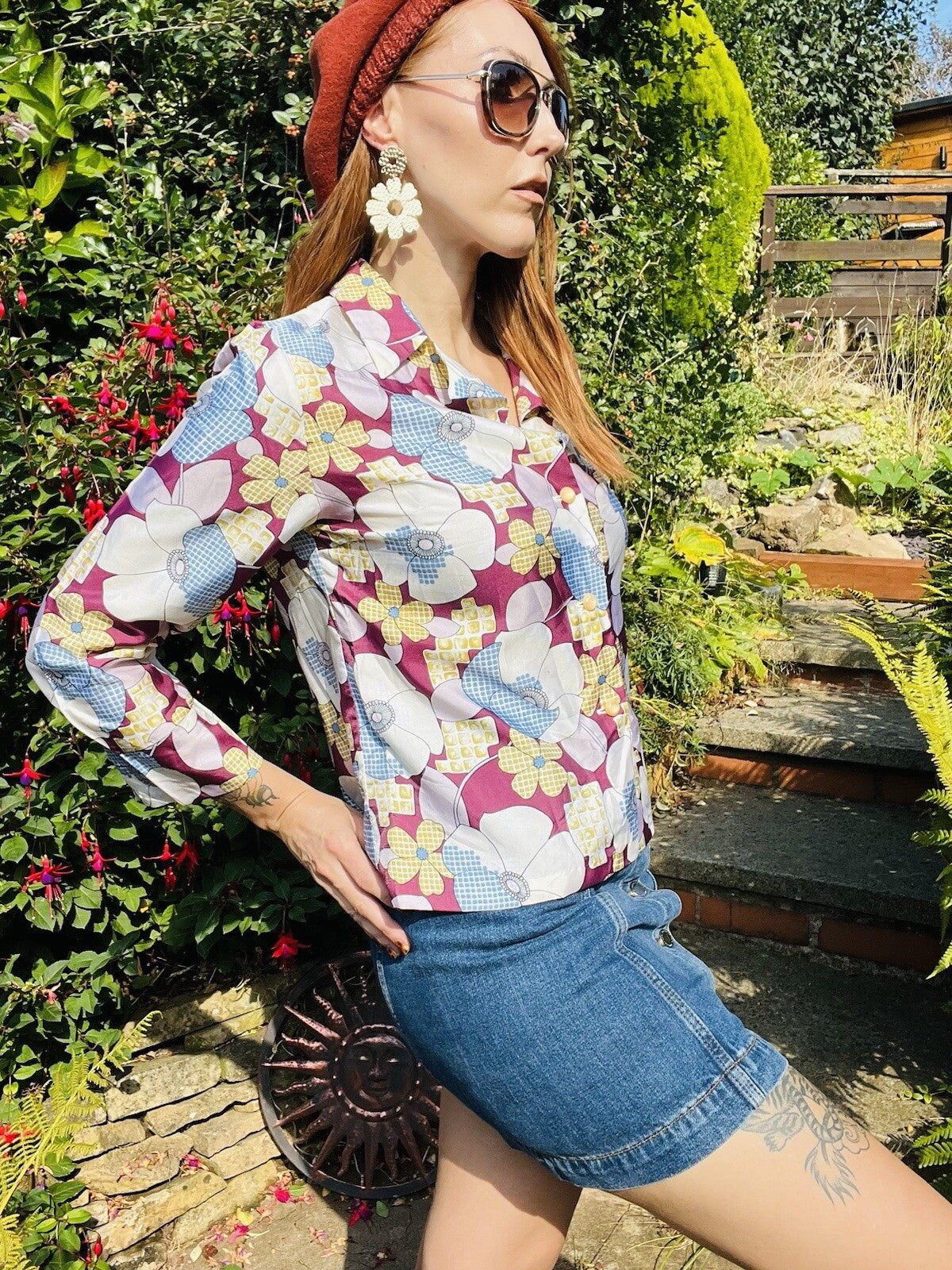 Vintage Retro Floral Shirt Bold Abstract Long Sleeved Blouse Size 12-14