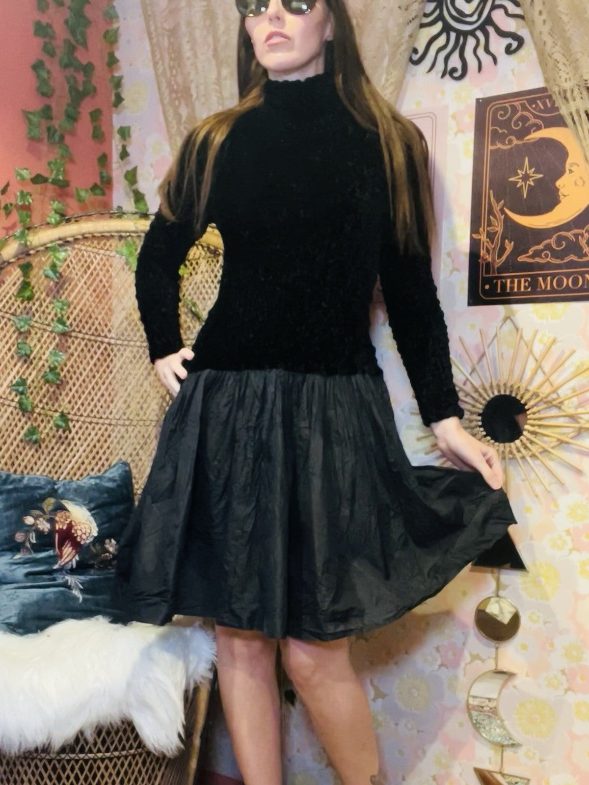 Vintage 80s Party Dress Black Size 10 Long Sleeves High Neck Velvet Retro 1980s