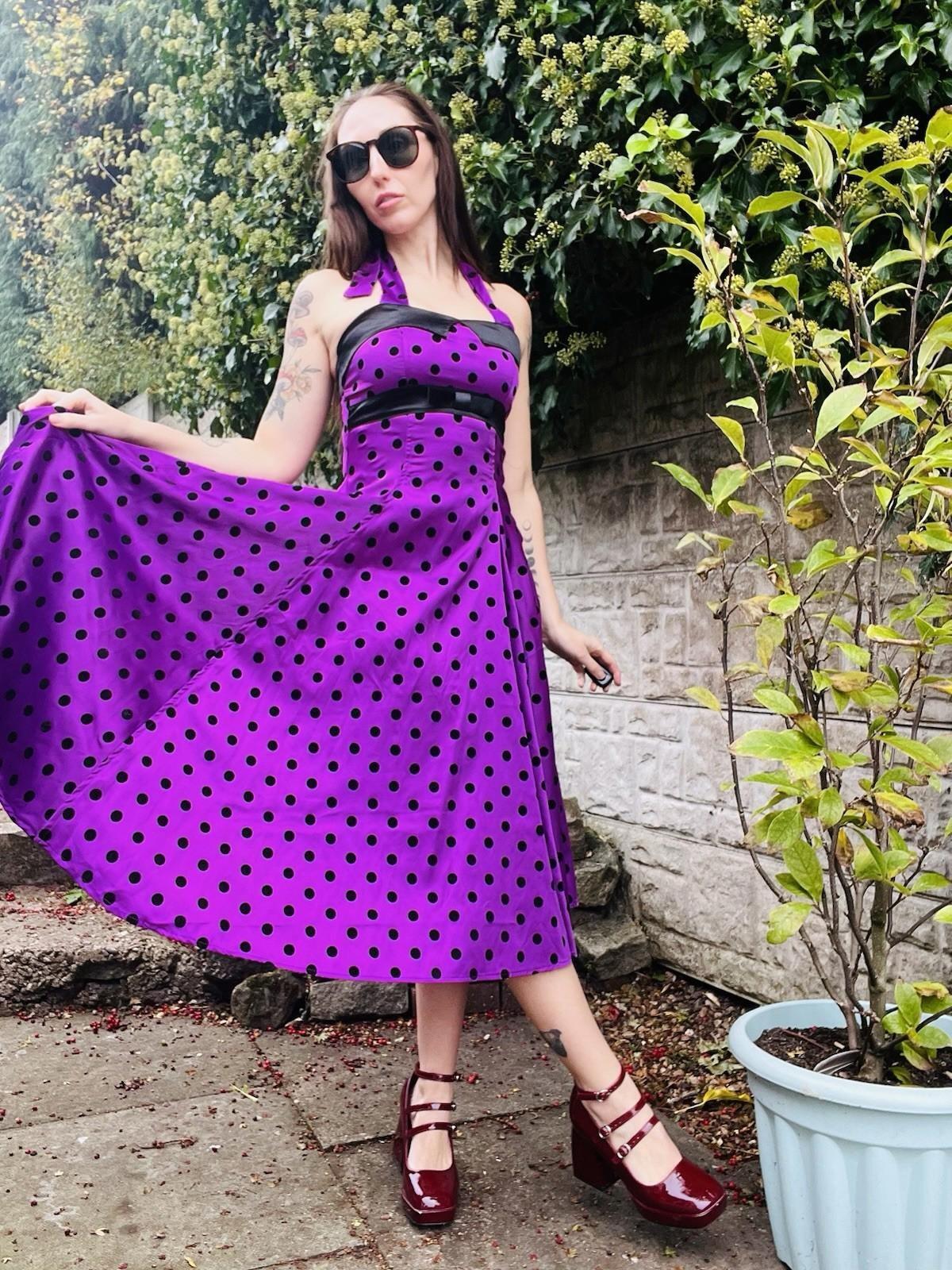 Vintage 1980s Swing Dress Purple Size 8 1850s Style Polkadot Midi Dress