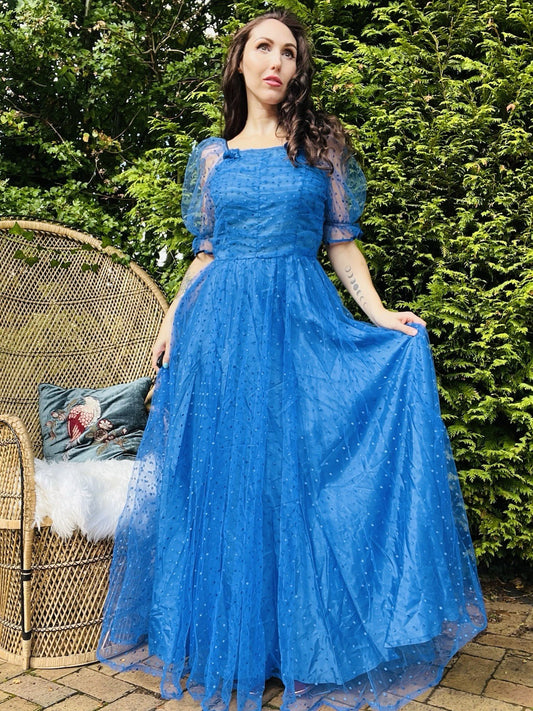 Vintage 1980s Long Dress, Sheer Polkadot Puff Sleeves Ball Gown - Blue Size 10