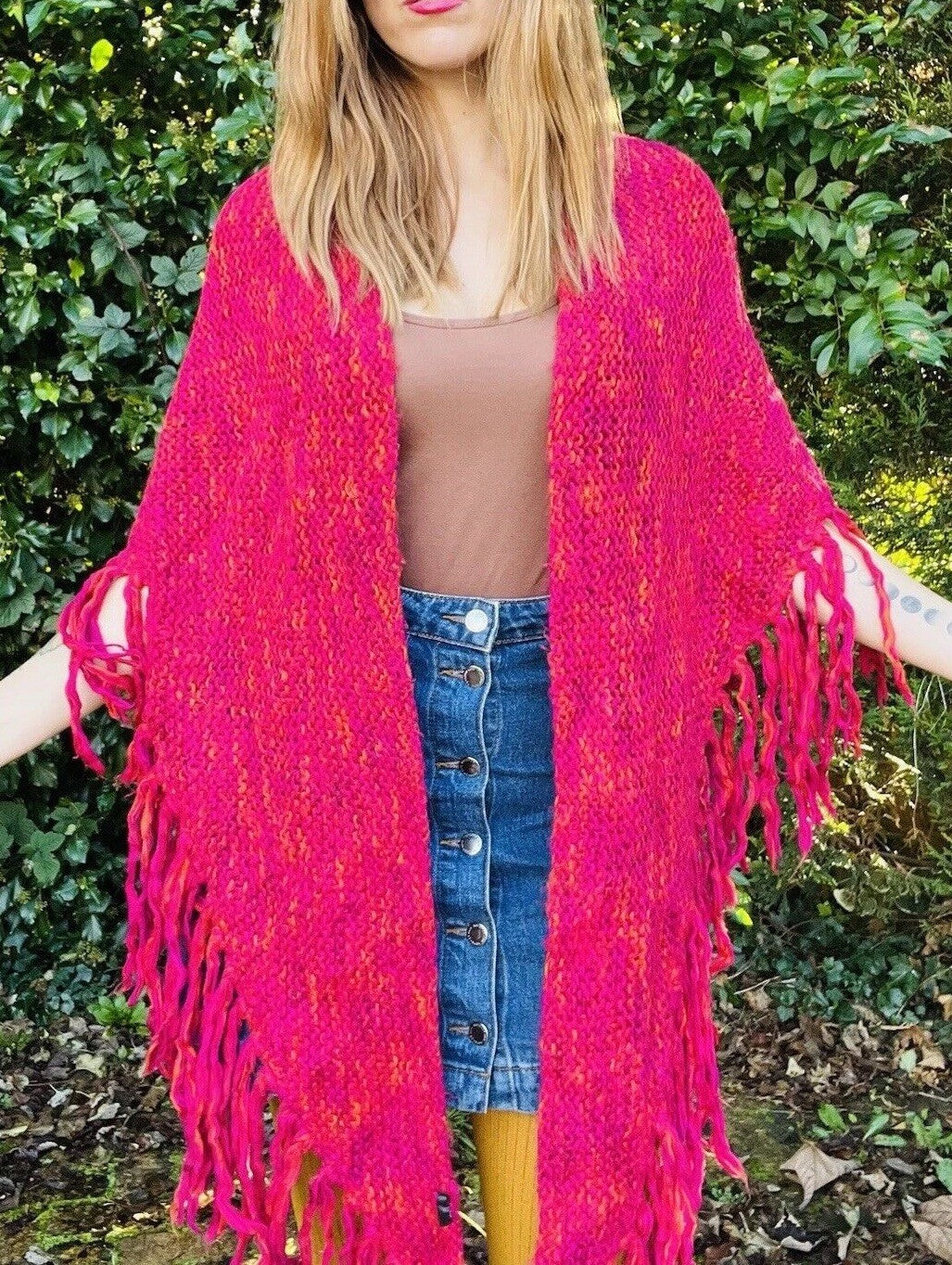 Vintage Knit Crochet Shawl Hippie Boho Triangle Wrap Cape Cottage Whimsy Scarf