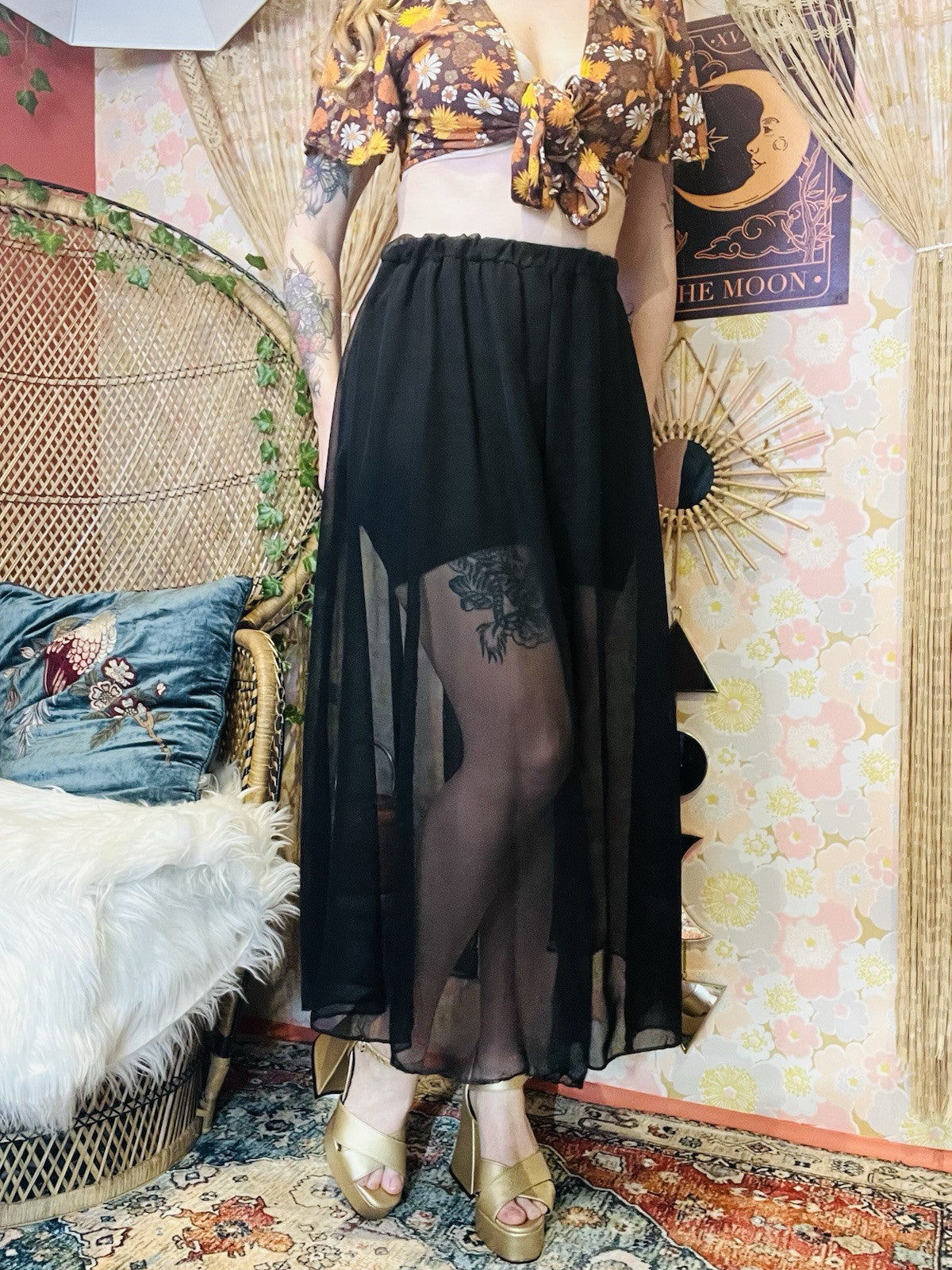 Vintage 1990s Sheer Skirt With Shorts And Slit Elasticated Waist Skort Black S