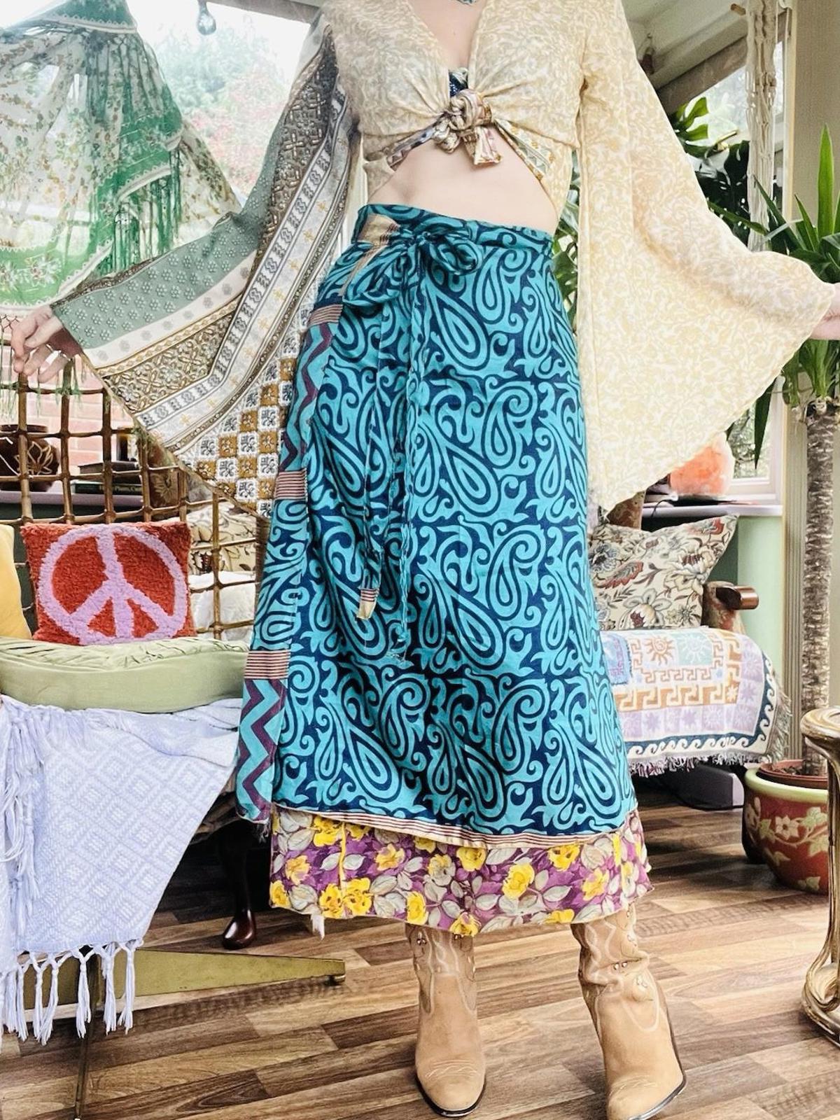 Layered Hippie Maxi Skirt Vintage Sari Silk Hippie Boho Long Gypsy Wrap Skirt