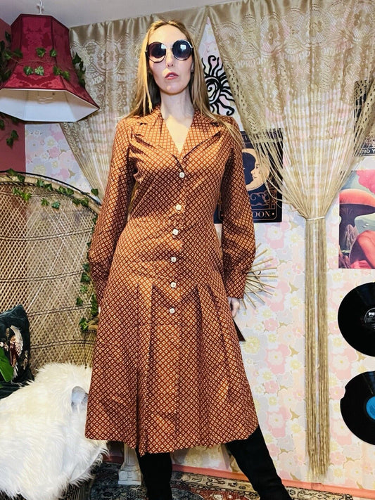 Vintage 1970s Shirt Dress Pleated A Line Collared Long Sleeves Office Work 12