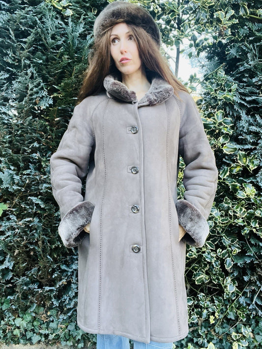 Warm Winter Afghan Coat, Faux Fur Lines Shearling, Embroidered  Jacket Grey 16