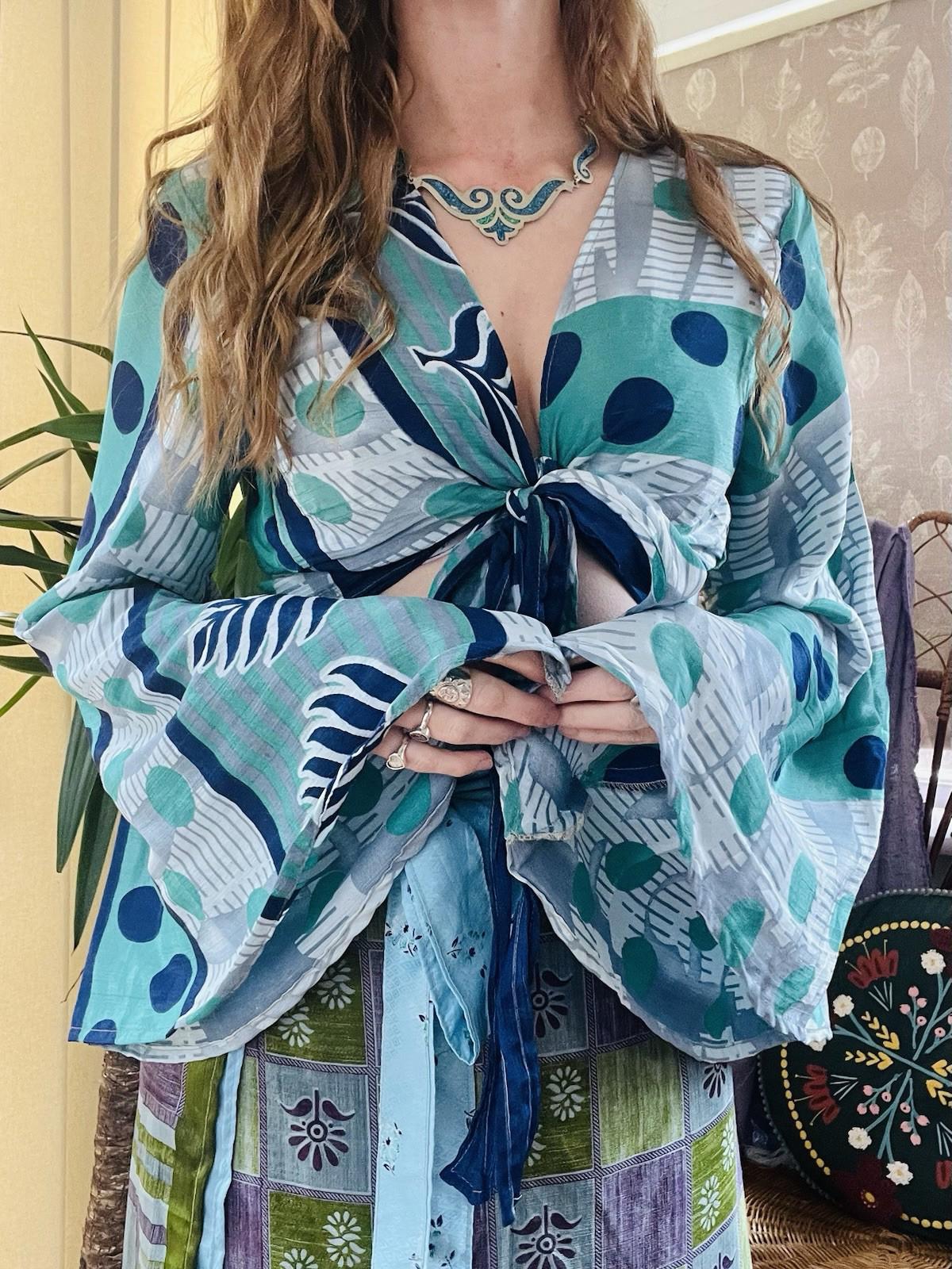 Flared Sleeve Top Vintage Silk Hippie Boho Bell Sleeved Wrap Top Gypsy Bolero