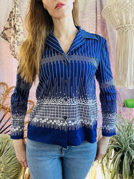 Vintage Blouse Bold Retro Print Collared Shirt Casual Or Formal Office Workwear