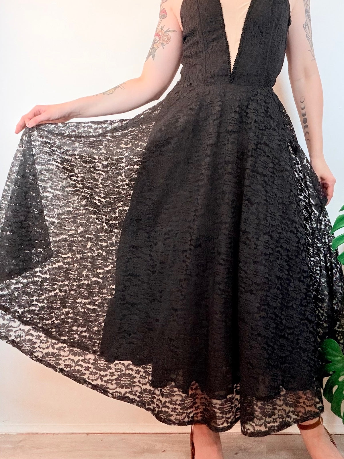 Vintage 1980s Party Dress Black Lace Midi Dress with Nude Illusion Panel Size 10