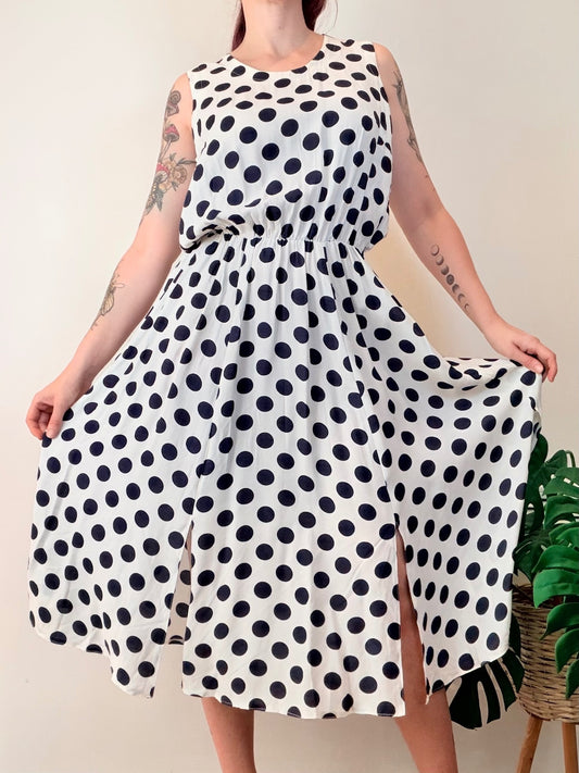 Vintage 1990s Summer Dress Sleeveless Polka Dot Midi Dress with Slits Size 14 16