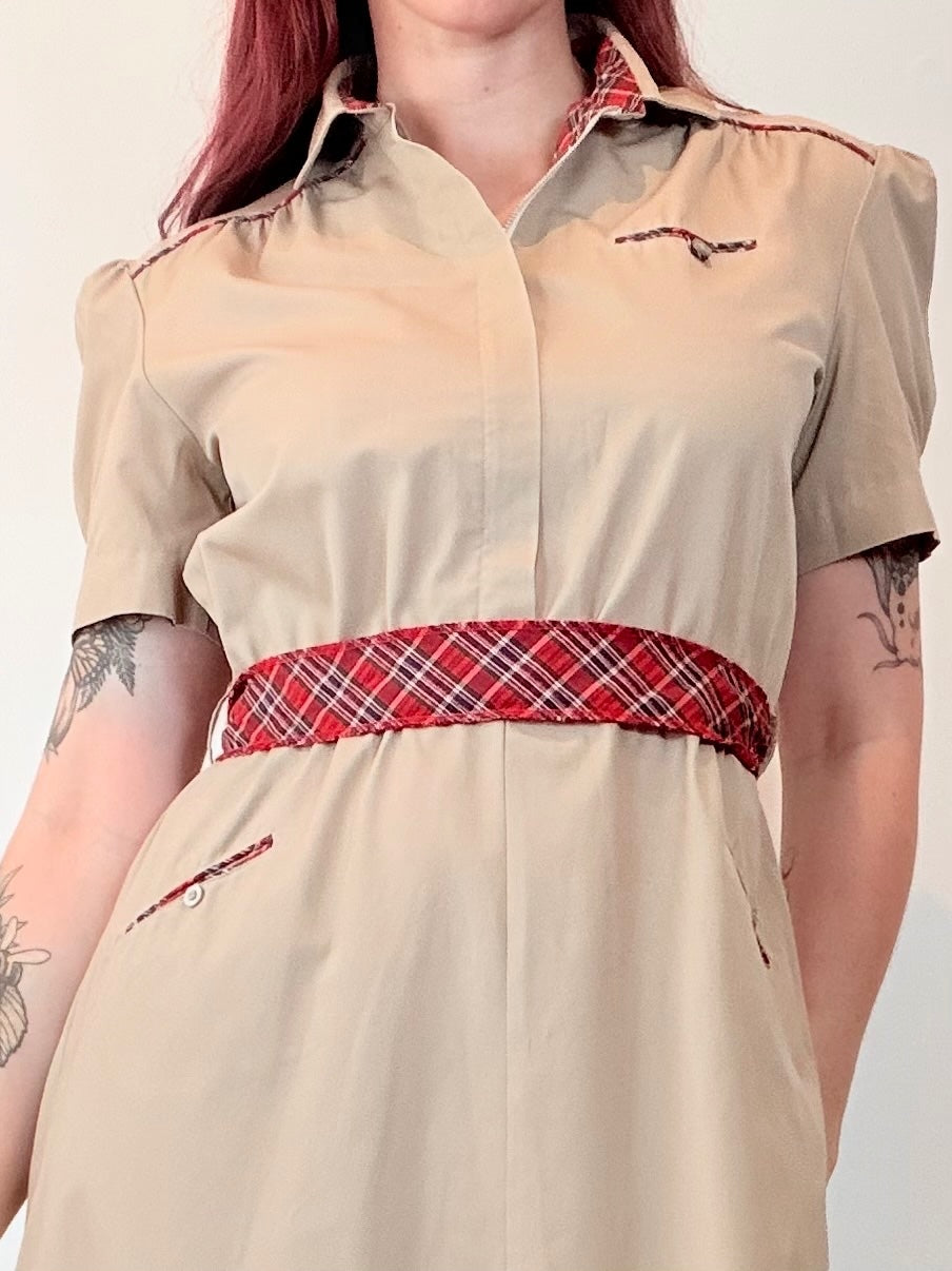 Vintage 1980s Shirt Dress Beige Military Dress with Red Plaid Detail Size 10 12