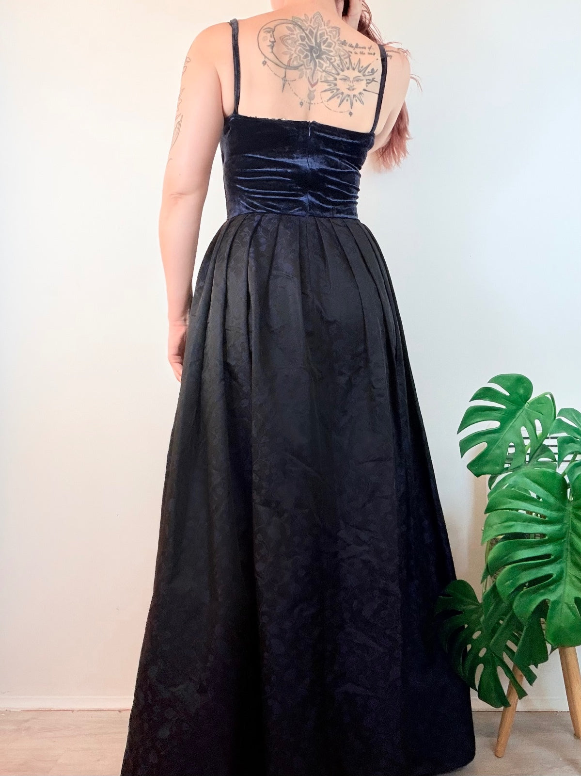 Vintage 1990s Cocktail Dress Velvet and Jacquard Maxi with Pleated Skirt Size 12