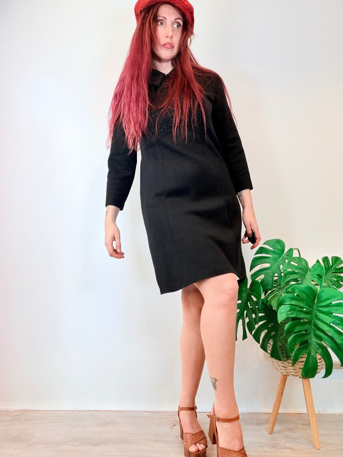 Vintage 1960s Mini Dress Wool with Beaded Detail and Peter Pan Collar Size 12 14