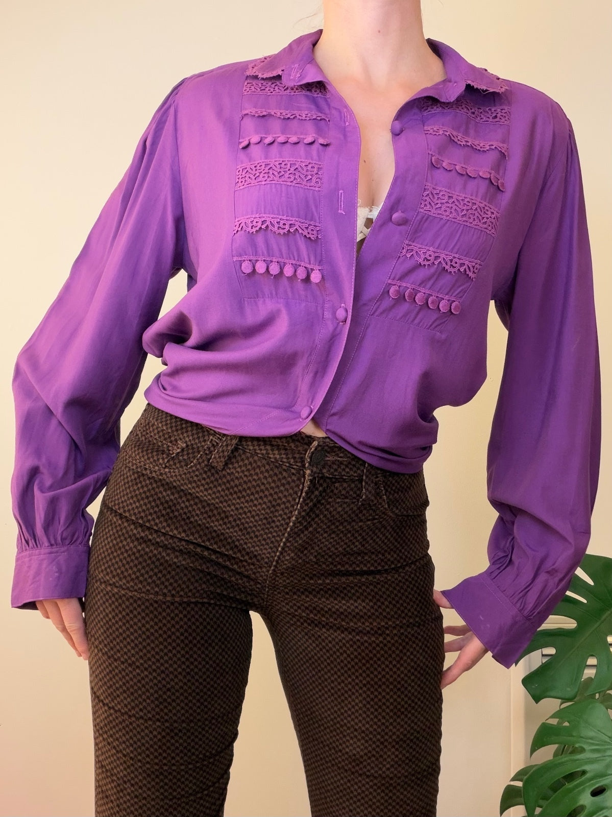 Vintage Long Sleeve oversized Blouse with Lace and Pom Pom Detailing Purple 12