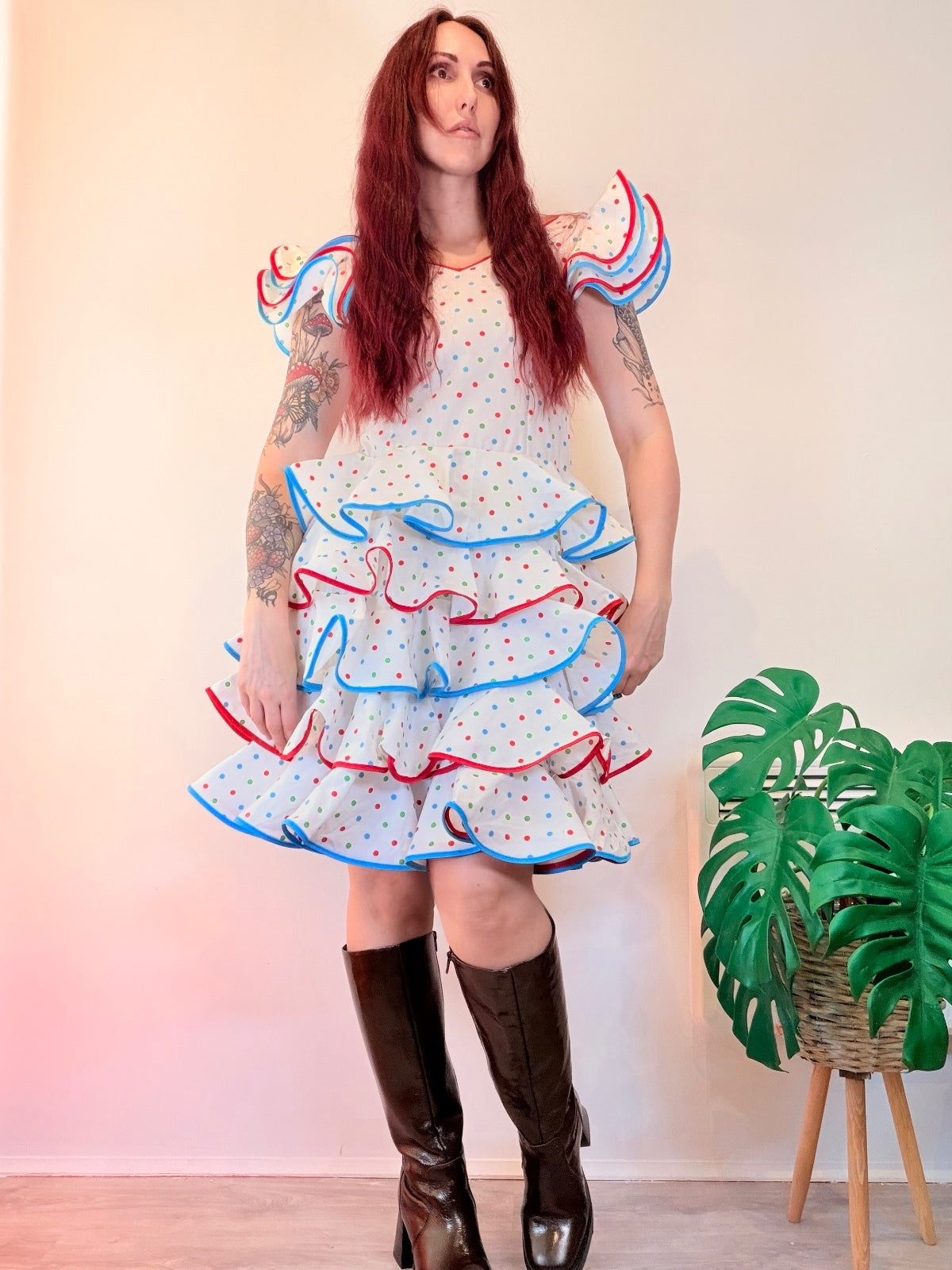 Vintage 1980s Party Dress Polka Dot Ruffled Dress with Puff Sleeves Size 6