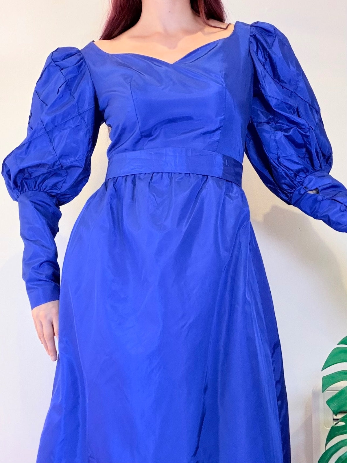 Vintage 1980s Cocktail Dress Blue Puff Sleeve Maxi with Sweetheart Neck Size 12