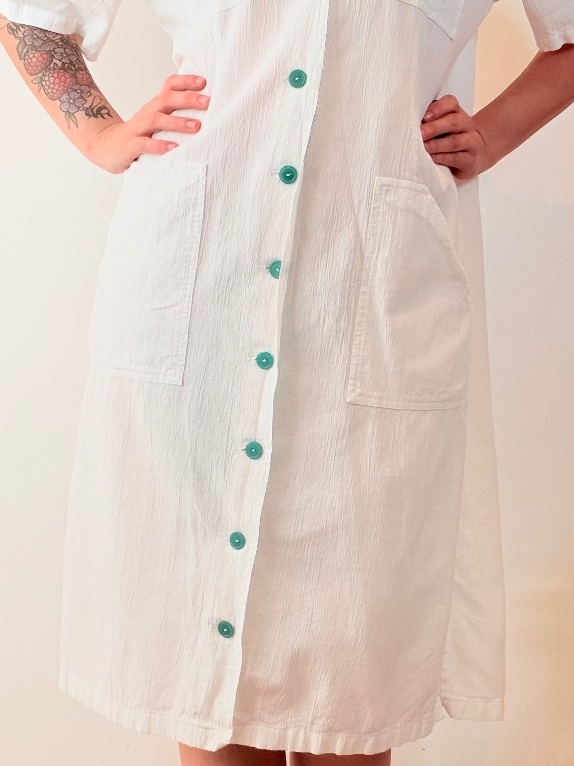 Vintage 1980s shirt Dress White Button Front Midi With Pockets Size 16