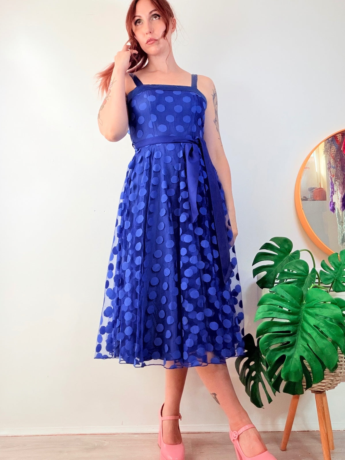 Vintage 1980s Party Dress 1950s Style Blue Polka Dot Rockabilly Size 6 to 8