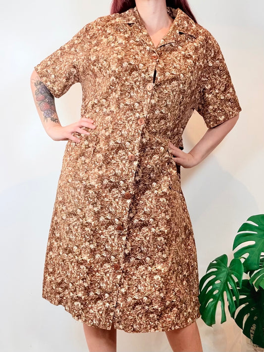 Vintage 1970s Shirt Dress Brown Floral Button Up Midi Dress with Pockets Size 20