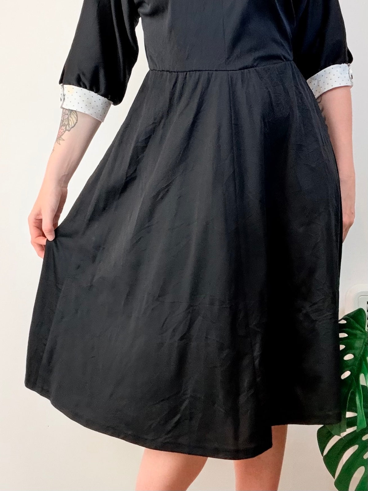 Vintage 1980s Black Dress Midi 3/4 Sleeves Polka Dot Collar and Cuffs Size 12