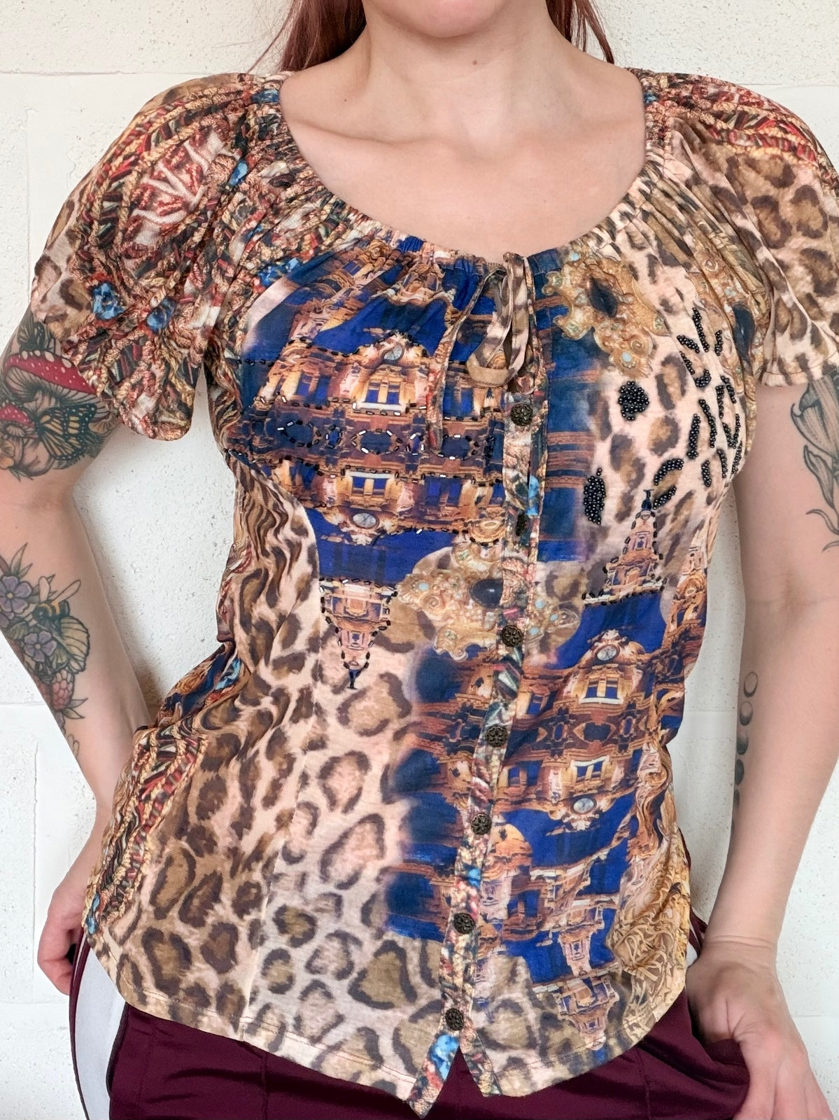 Vintage Y2k beaded top Alberto Makali Short Sleeve animal print button tshirt L