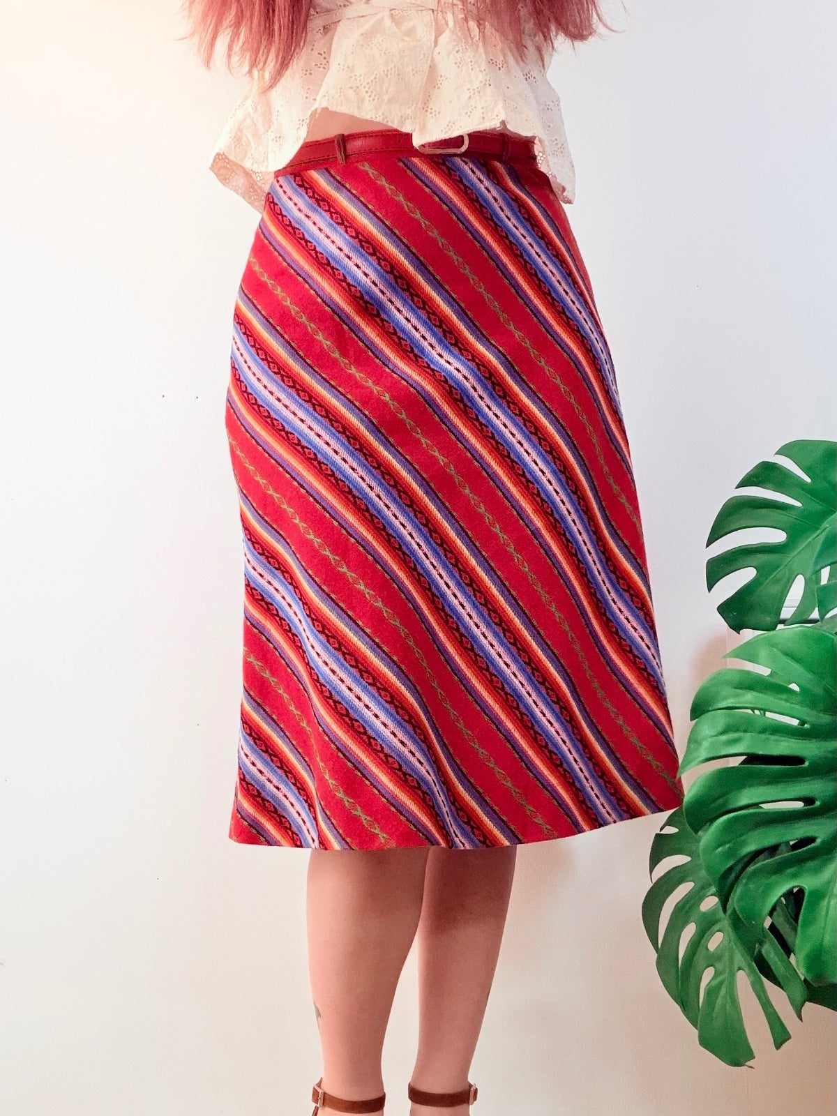 Vintage 1970s Office Skirt Red Striped Midi Skirt with Belt Size 10