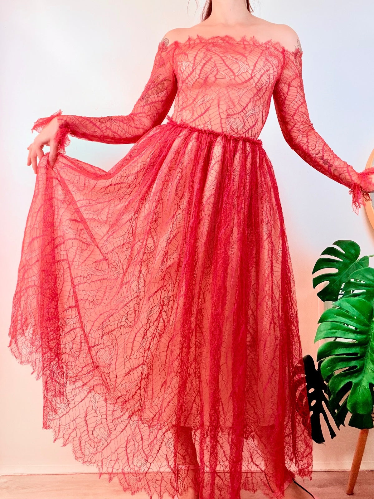 Vintage 1980s cocktail Dress Red Lace Off-Shoulder Maxi Dress Size 10