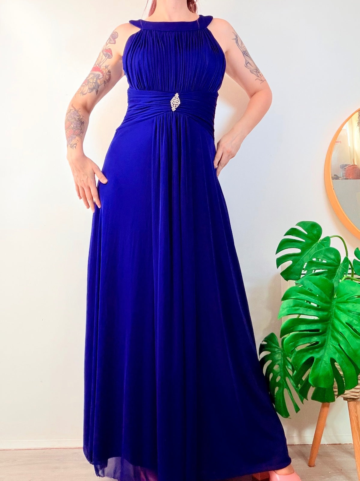 Vintage Y2K Blue Evening Gown with Pleated Bodice and Rhinestone Detail Size 12