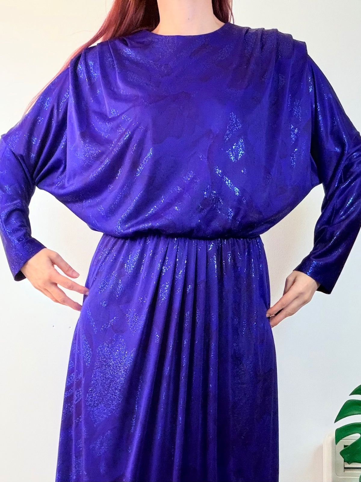Vintage 1980s Party Dress Sparkly Purple Midi Dress with Batwing Sleeves Size 16