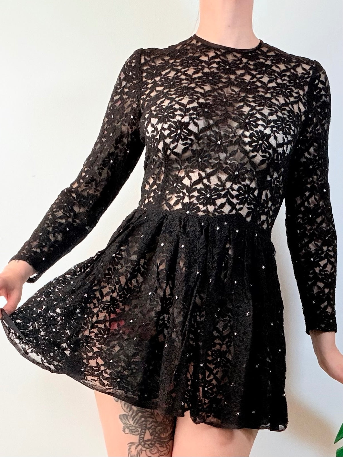 Vintage 1980s Sheer Party Dress Black Lace Mini Sparkly Long Sleeves Size 8