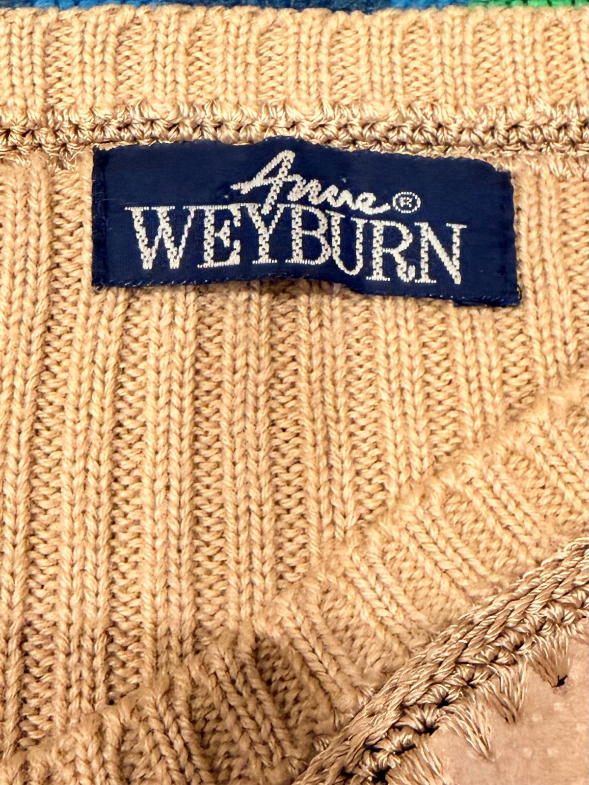 Vintage 1990s Beige Ribbed Knit Sweater with Embroidered Suede Panels Size 18