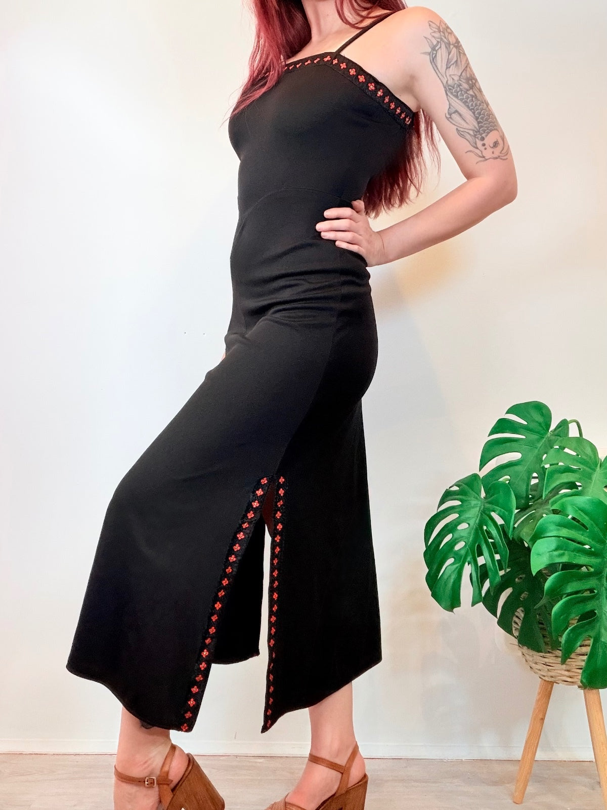 Vintage 1970s Maxi Dress with Red Embroidered Trim and Side Slits Size 8