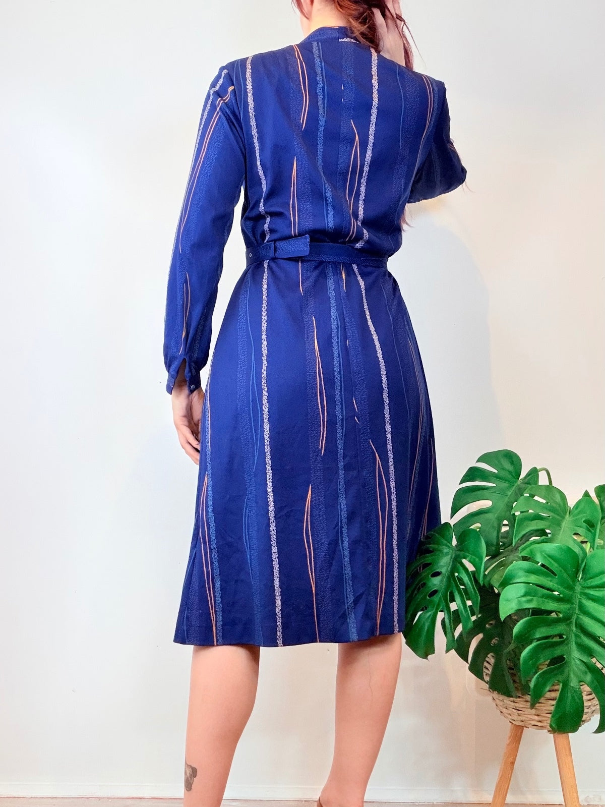 Vintage 1980s Shirt Dress Blue Belted Midi Dress with Bow Tie Collar Size 16